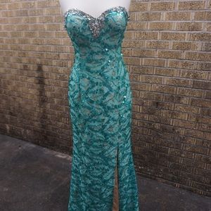 Strapless teal and gold gown